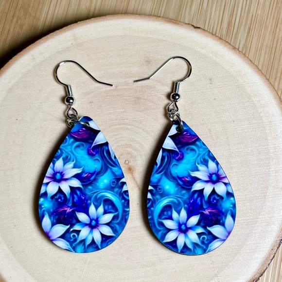 Blue Floral Teardrop Sublimation Earrings - Picture 2 of 2